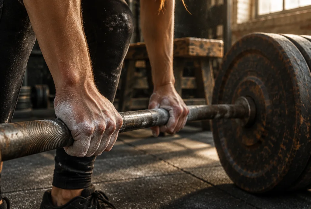 Chalked hands on a loaded barbell
