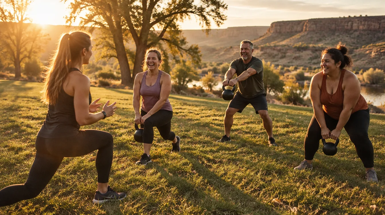 Small group training session in a Twin Falls park at sunset
