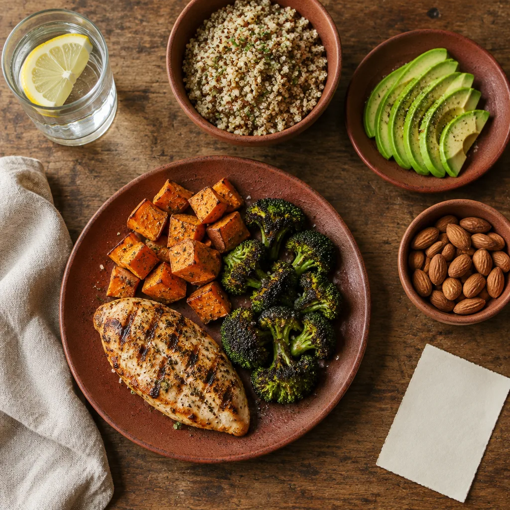 Simple whole food meal prep on a wooden table