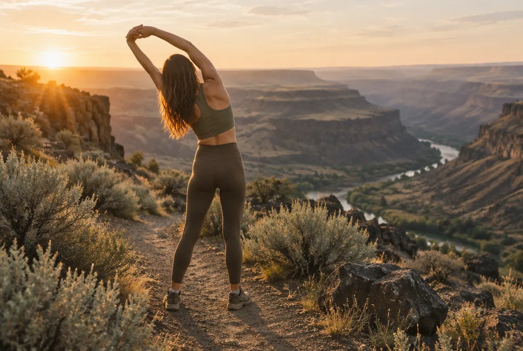 Stretching on the canyon rim trail at sunrise