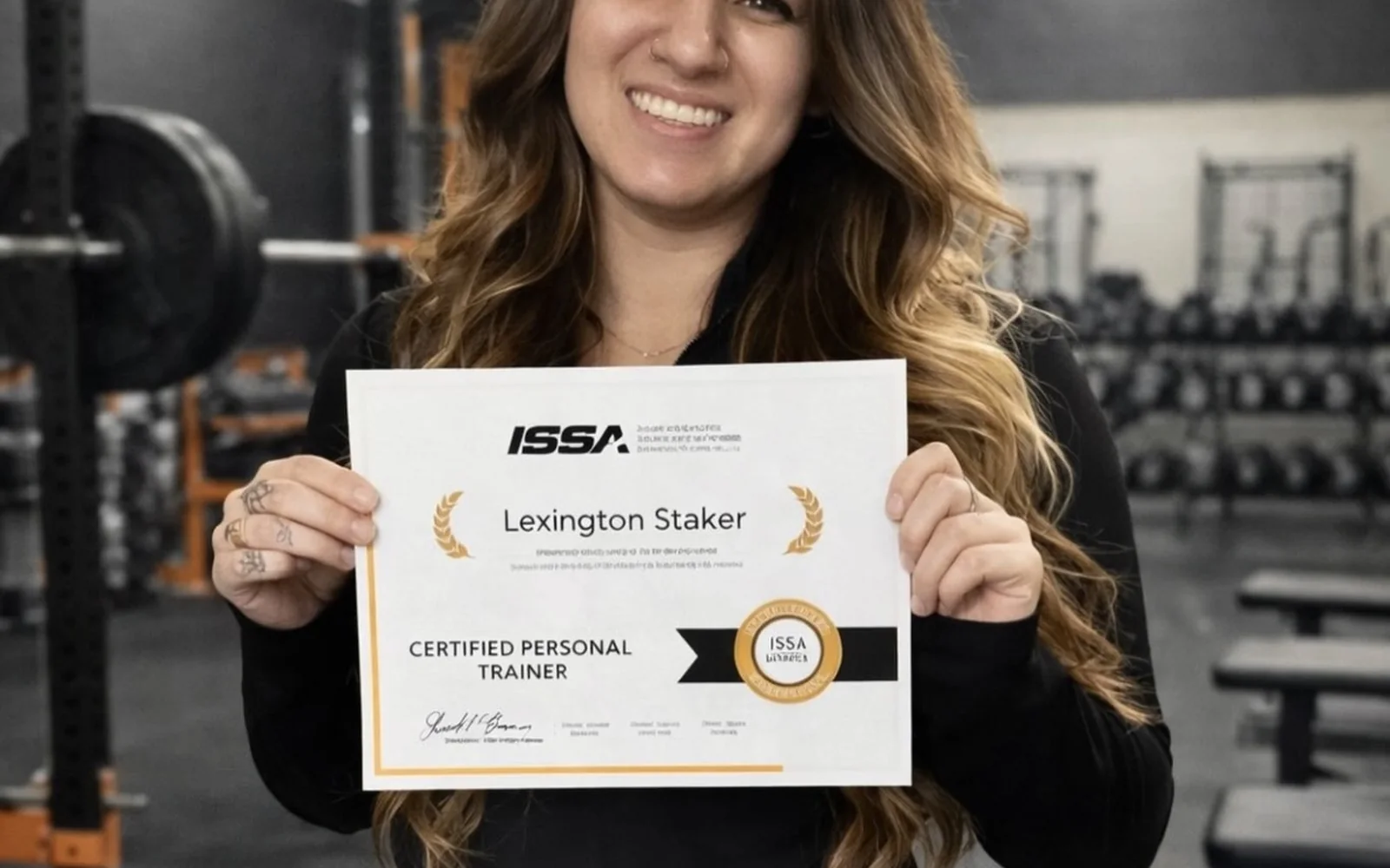 Lexi Staker holding her ISSA Certified Personal Trainer certificate in the gym